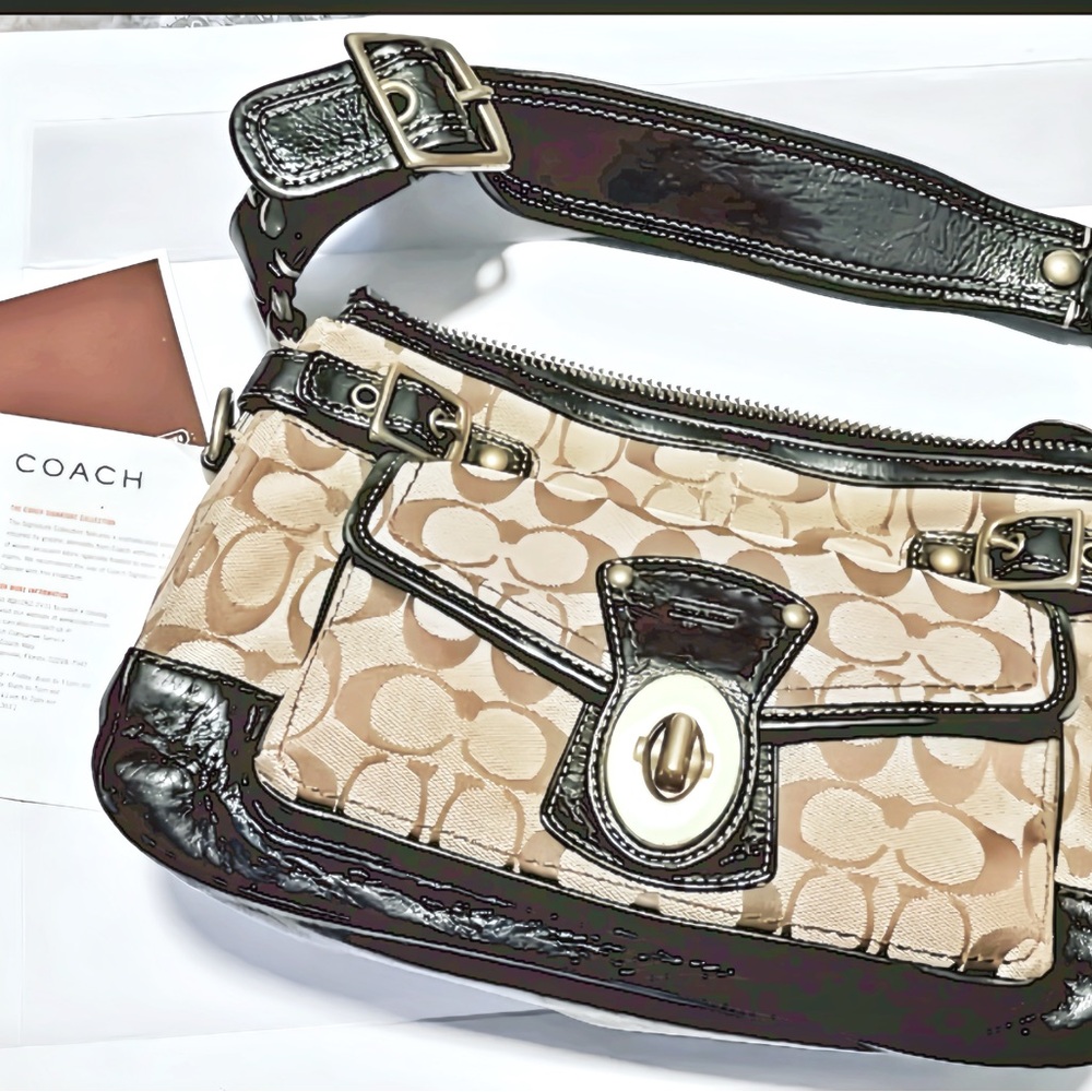 Coach Tan and Black Monogram Shoulder Bag